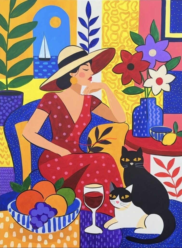 Peinture d’Adri Q représentant une femme au grand chapeau, deux chats, des fleurs et des fruits dans un intérieur vivement coloré ouvert sur la mer.