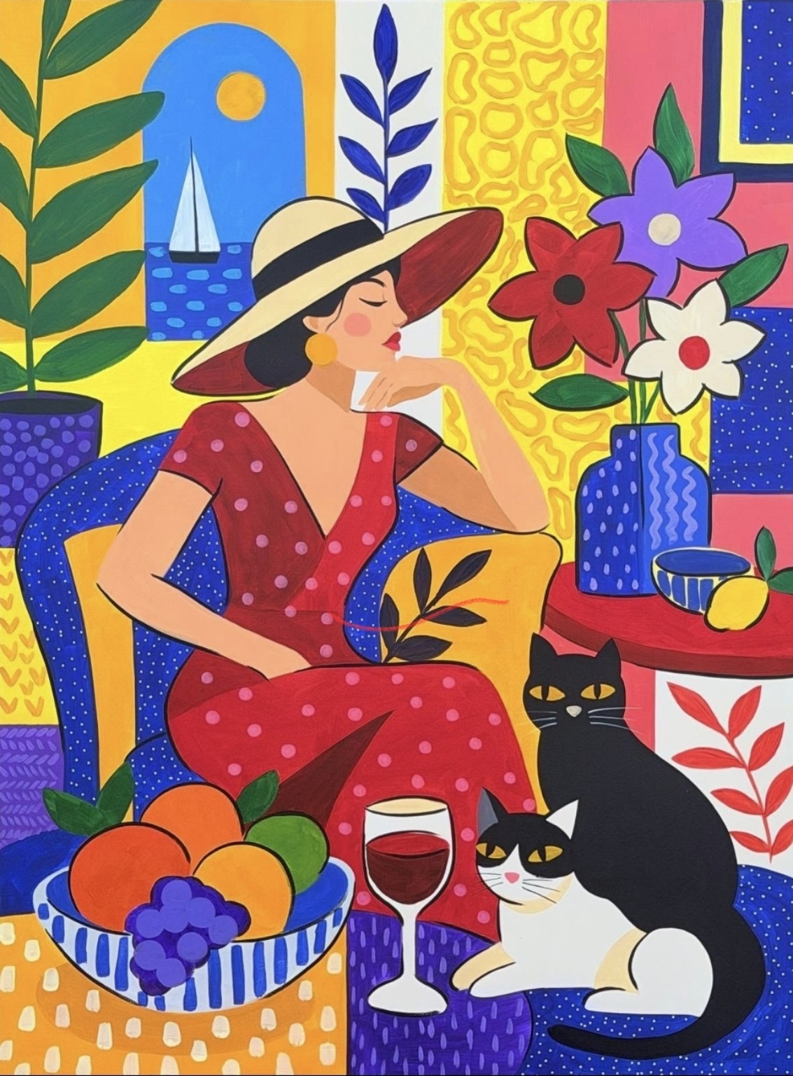 Tarde en el Mediterráneo d’Adri Q : une femme au grand chapeau, deux chats, des fleurs et des fruits dans un intérieur coloré ouvert sur la mer.