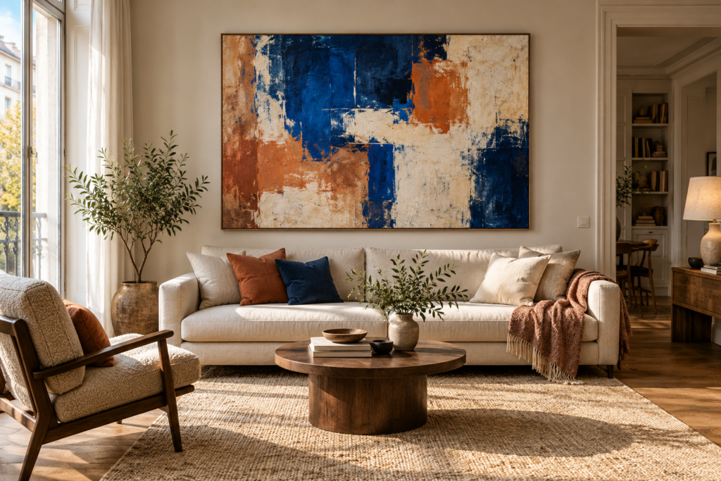 Salon aux matières naturelles avec une grande peinture abstraite bleue et terre cuite au-dessus d’un canapé clair.