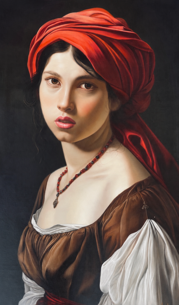 Portrait d’une jeune femme au turban rouge, à la robe brune et aux manches blanches, portant un collier rouge sur un fond sombre.