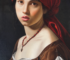 Portrait d’une jeune femme au turban rouge, à la robe brune et aux manches blanches, portant un collier rouge sur un fond sombre.